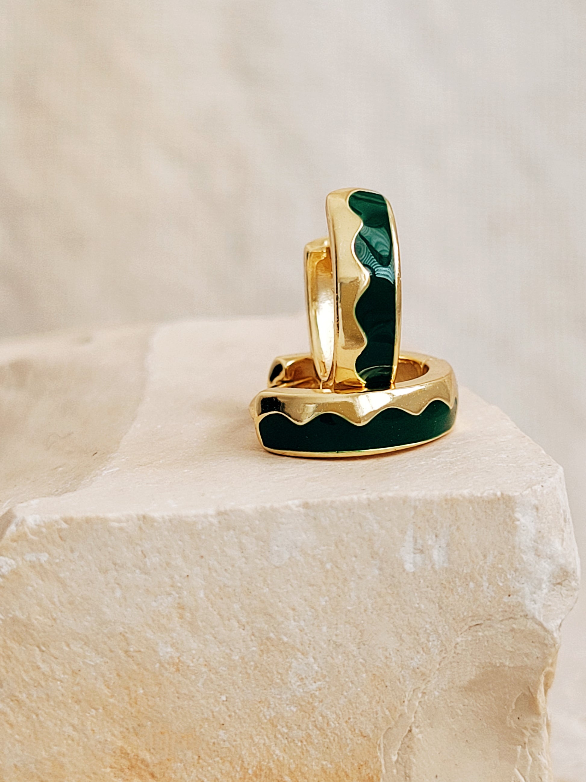 Enamel Green Huggie Earrings in 18k gold plated sterling silver, edgy and stylish jewellery