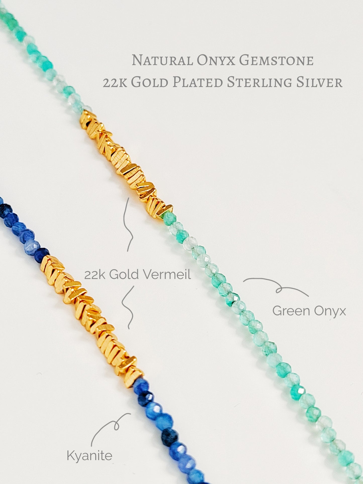 Close-up of kyanite beaded choker necklace with gold accents and handmade dainty gold choker with natural green onyx beads and gold nuggets.
