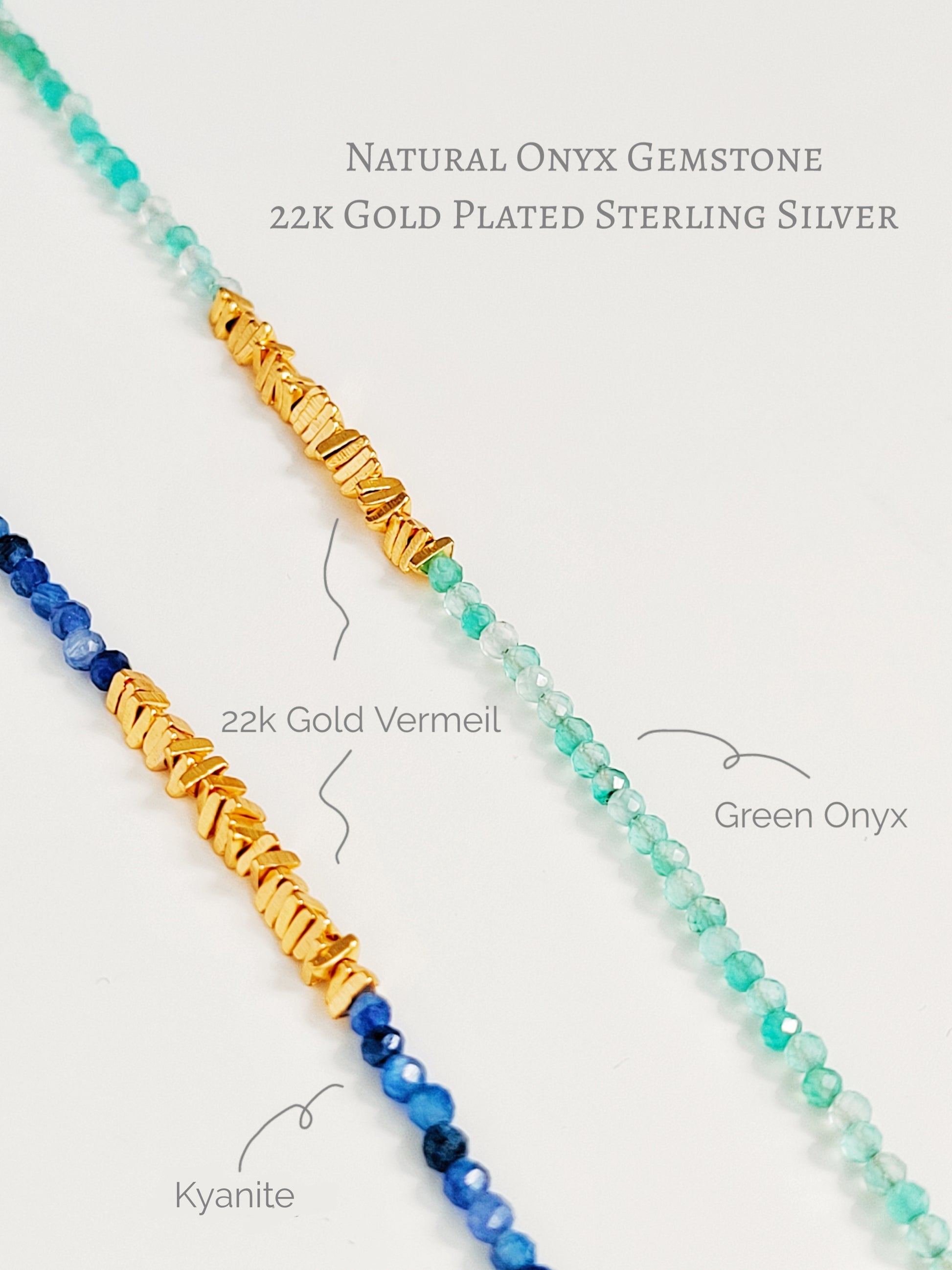 Close-up of kyanite beaded choker necklace with gold accents and handmade dainty gold choker with natural green onyx beads and gold nuggets.
