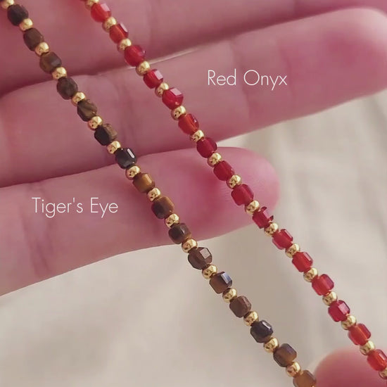 Vibrant red beaded bracelet with gold vermeil spacers, handmade jewelry