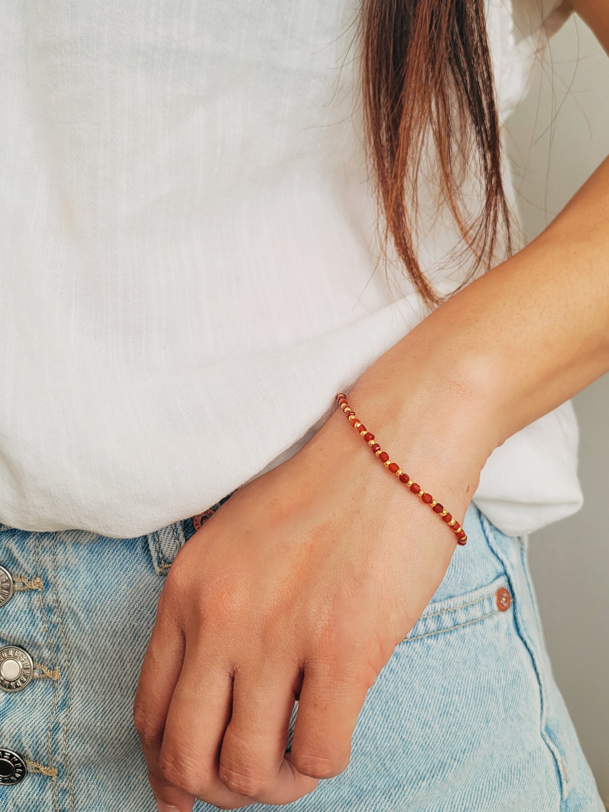 Vibrant red beaded bracelet with gold vermeil spacers, handmade jewelry