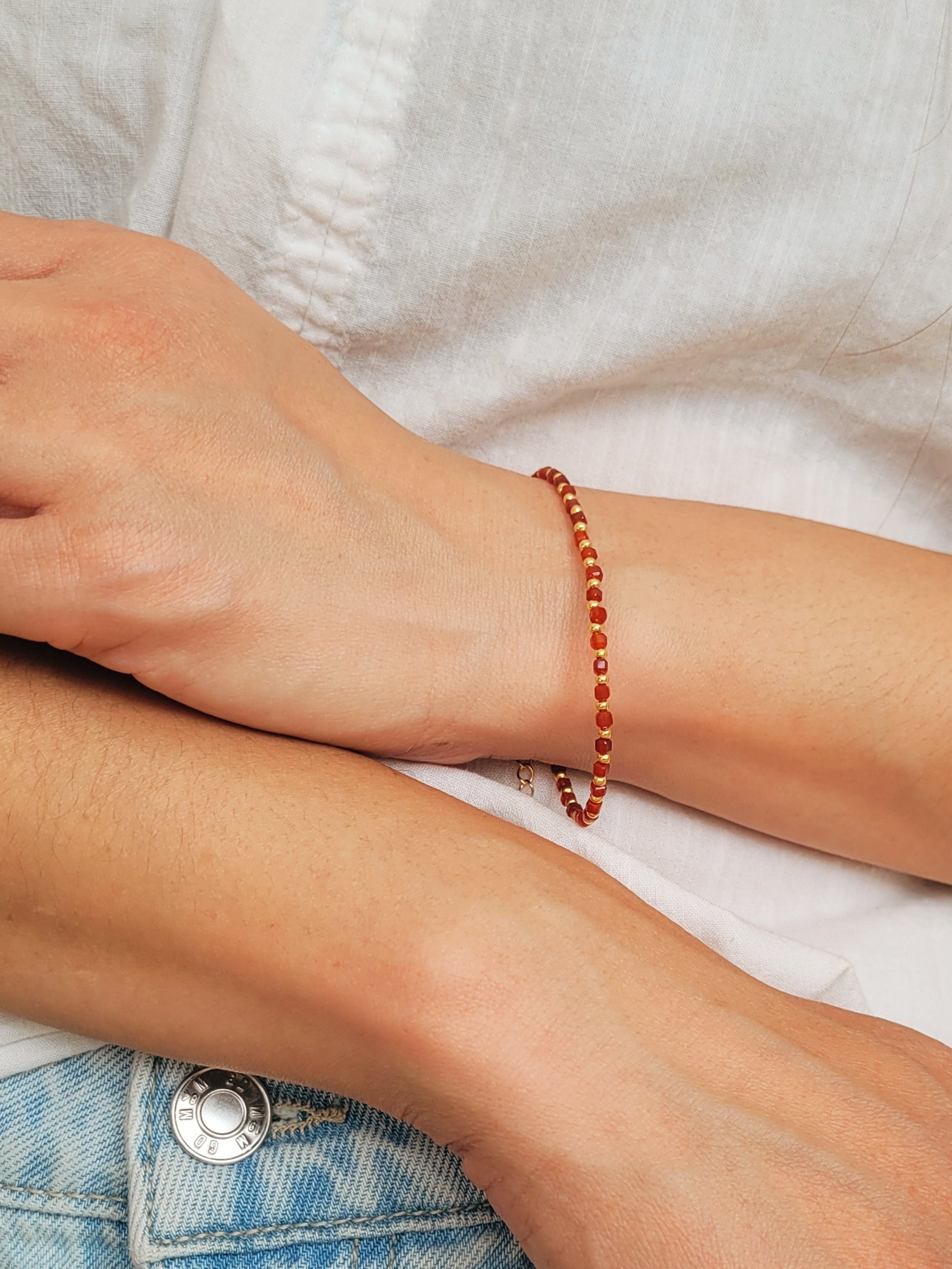 Dainty red onyx gemstone bracelet with gold vermeil beads