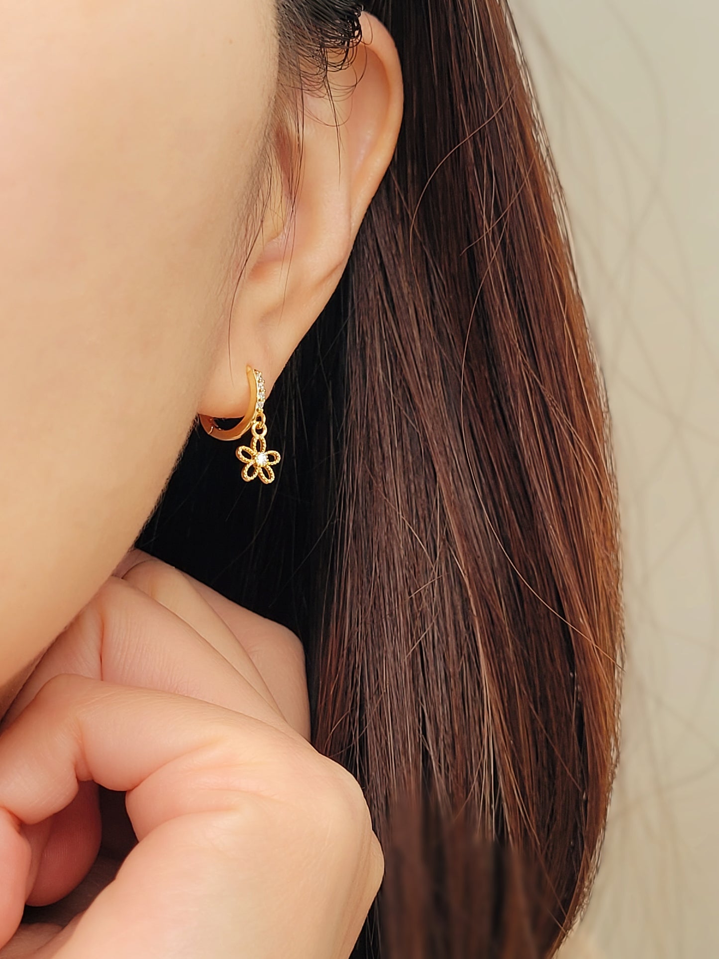 Dangly Flower Huggie Earrings