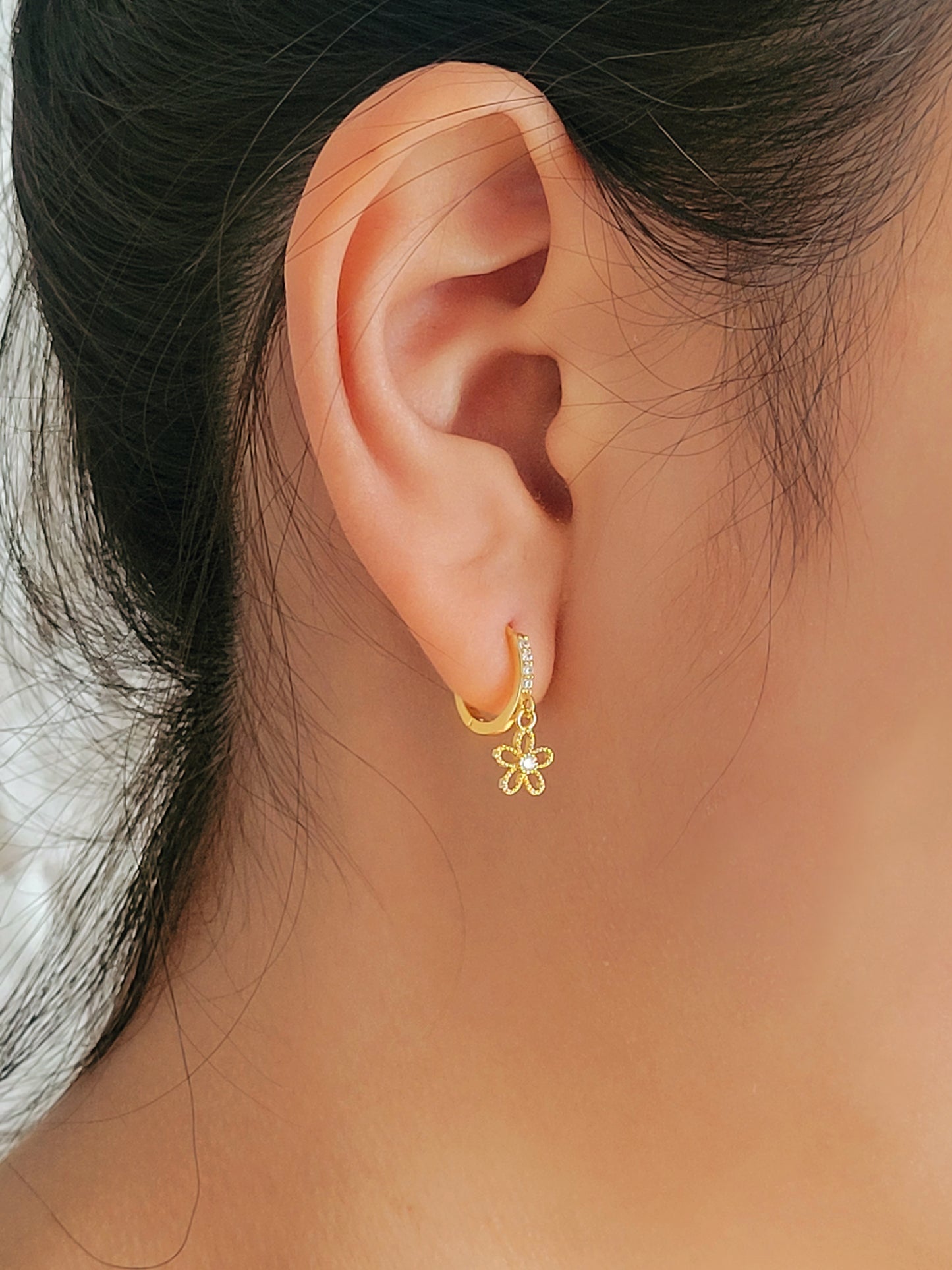 Dangly Flower Huggie Earrings