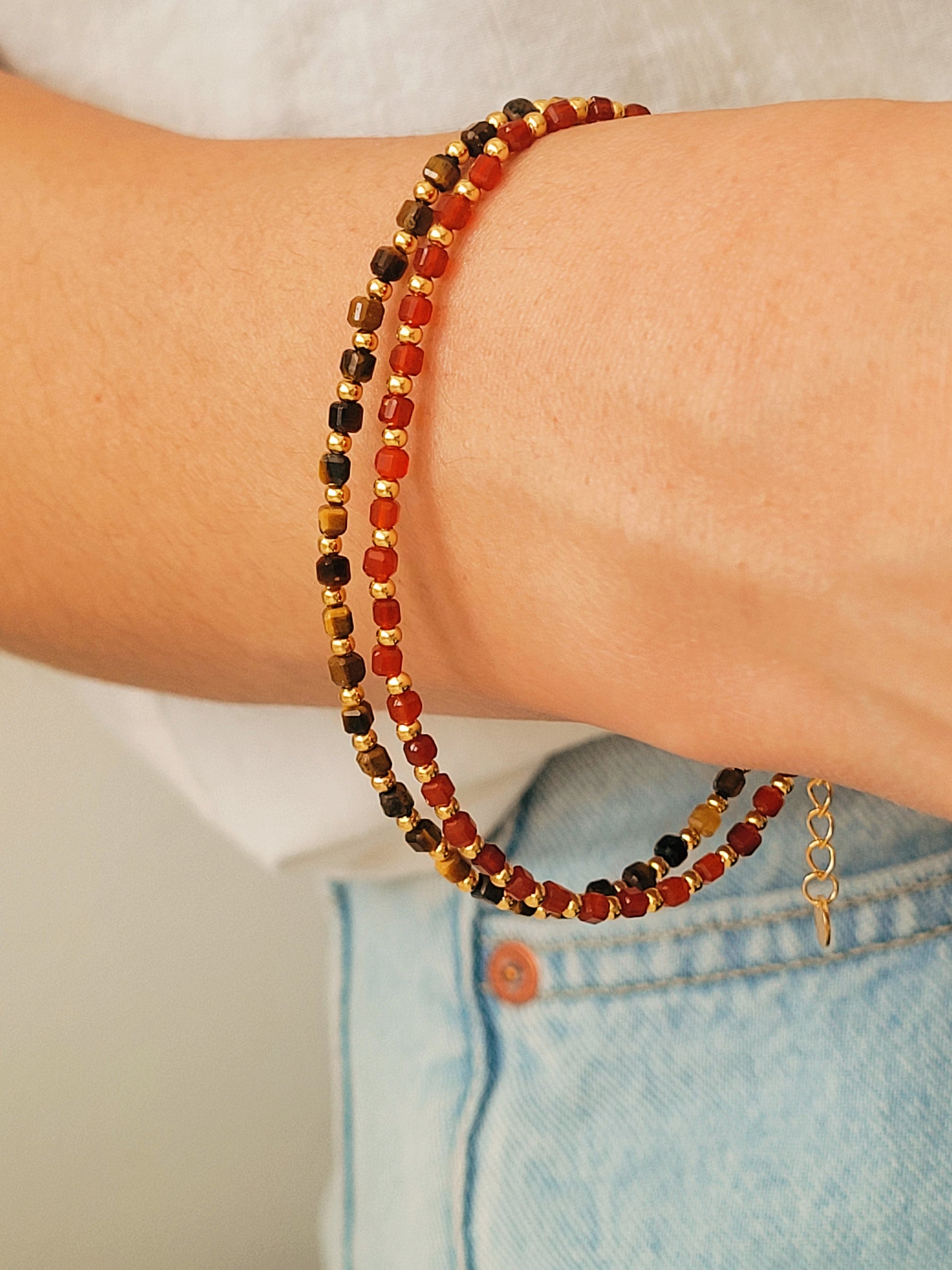 Spiritual protection bracelet with gold and Tiger’s Eye stones or Red Onyx stones