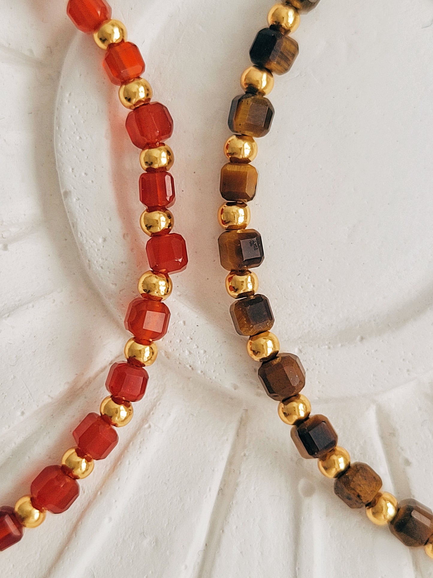 Minimalist stacking bracelets with natural Tiger’s Eye stones or Red Onyx gemstone and gold accents